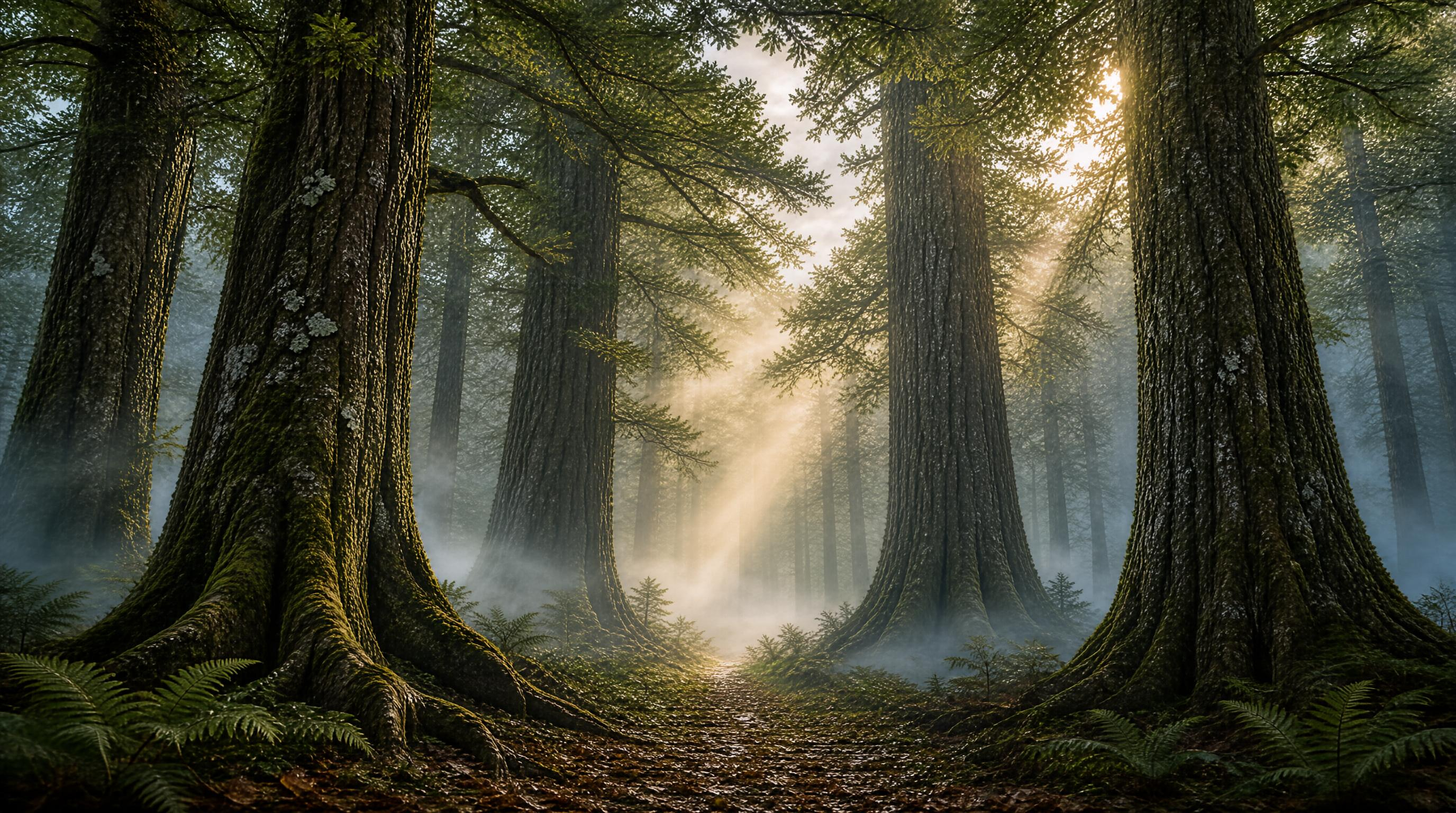 Misty Forest with Sunbeams