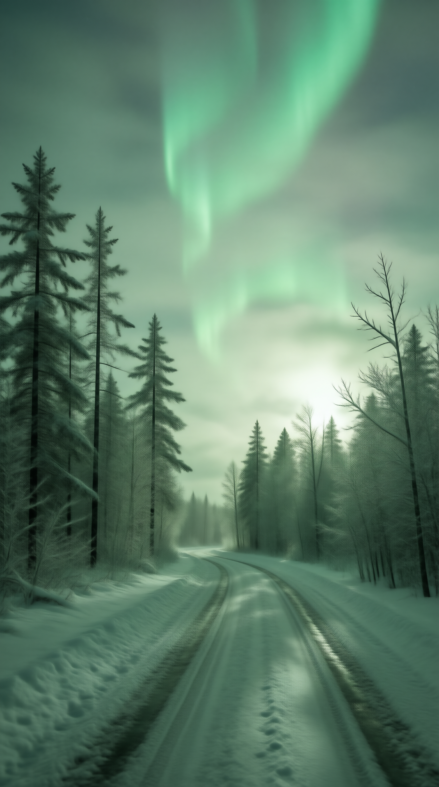 Snowy Road Under Aurora