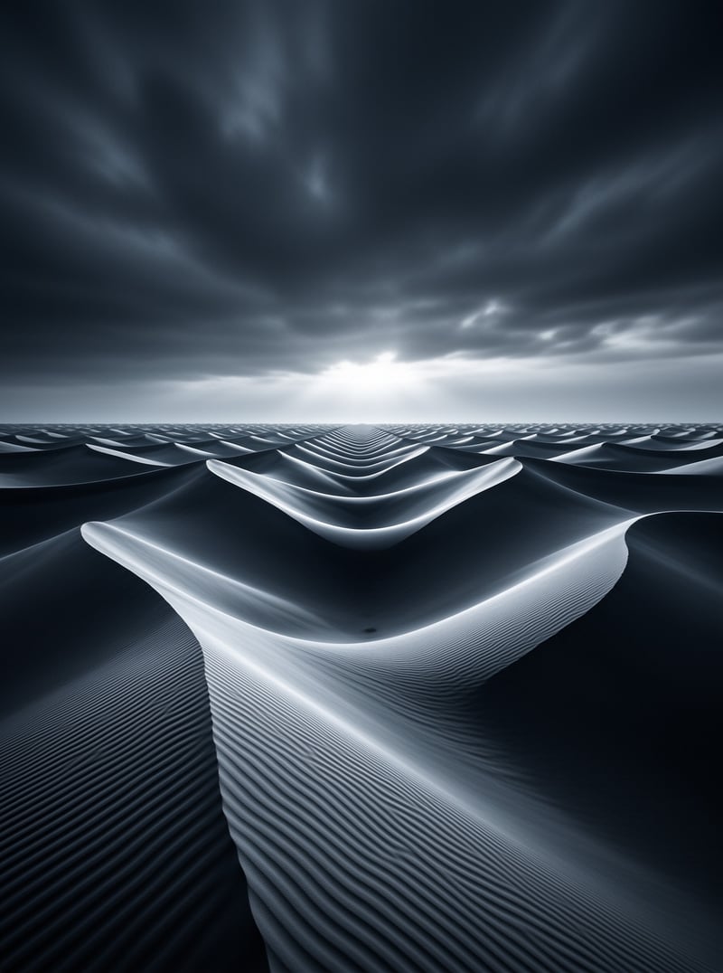 Rows of wind-rippled sand dunes stretch to the horizon beneath a heavy grey sky lit by the low sun.