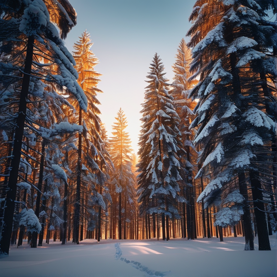 Sunlit Snowy Pine Forest