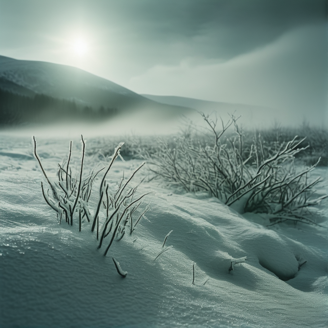 Frozen twigs rise from deep snow while mist covers a distant mountain range under a bright winter sun.