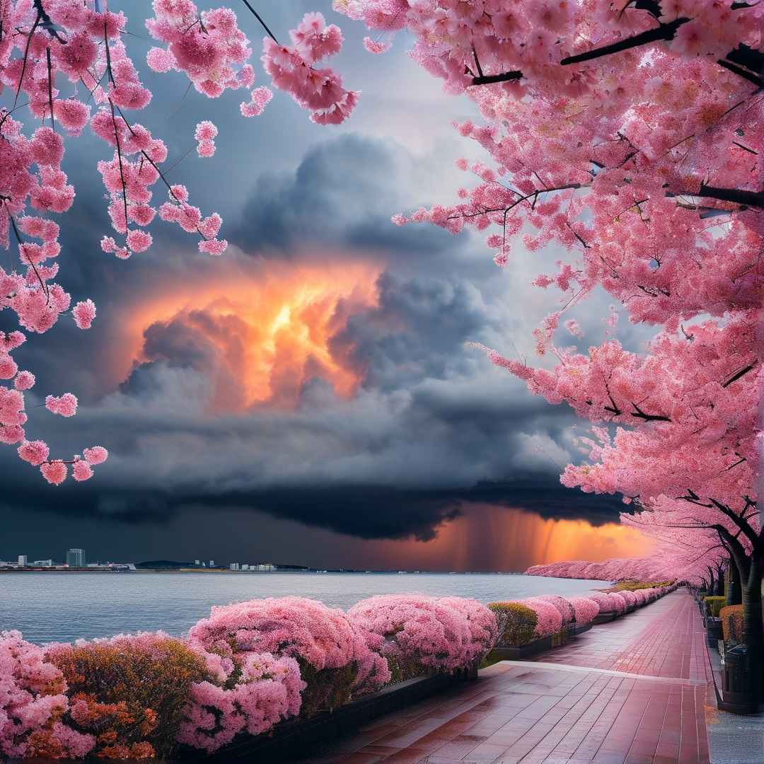 Sakura Path and Stormy Sunset
