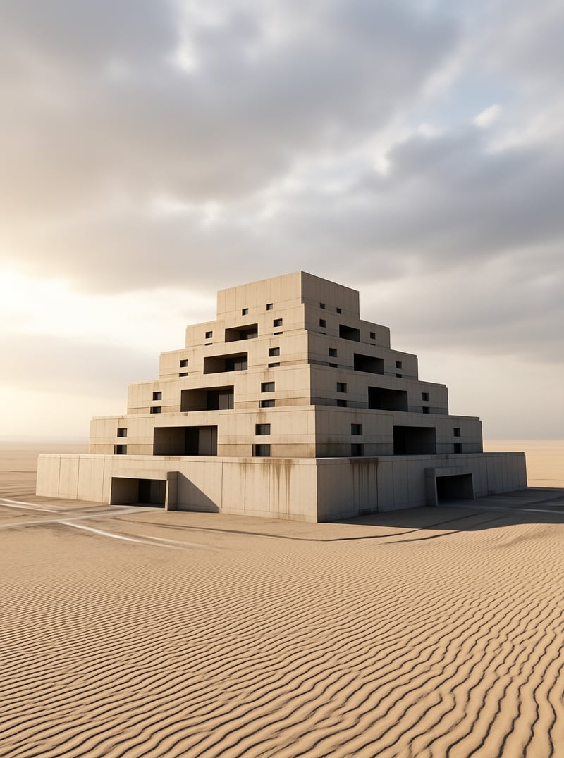 A monumental stepped ziggurat of pale concrete blocks stands alone across wind-rippled desert sand under a soft cloudy sky.