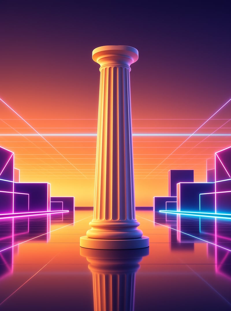 A classical column stands centrally in a surreal landscape of glowing grid lines and angular neon structures.