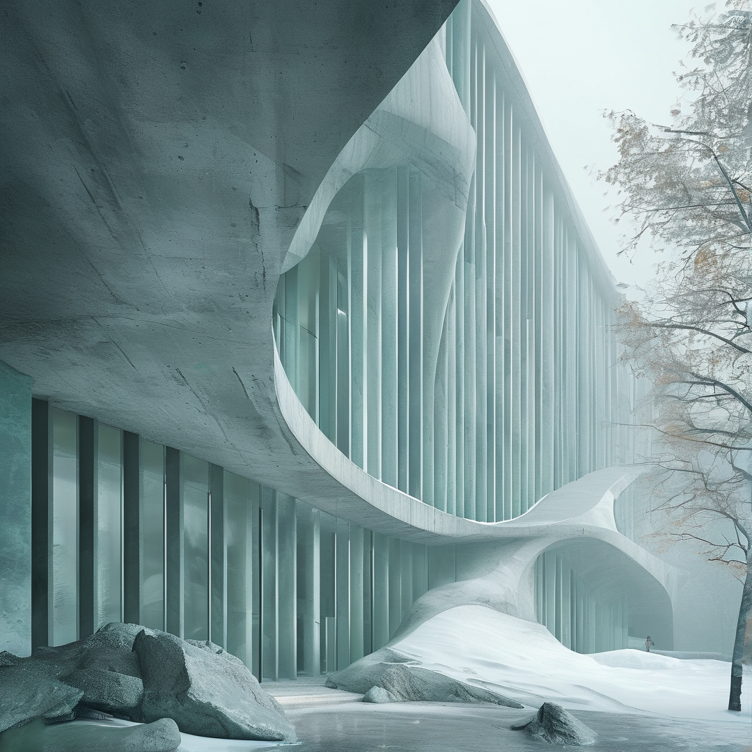 A sweeping structure with vertical glass panels stands in a cold misty landscape surrounded by large rocks and snow.