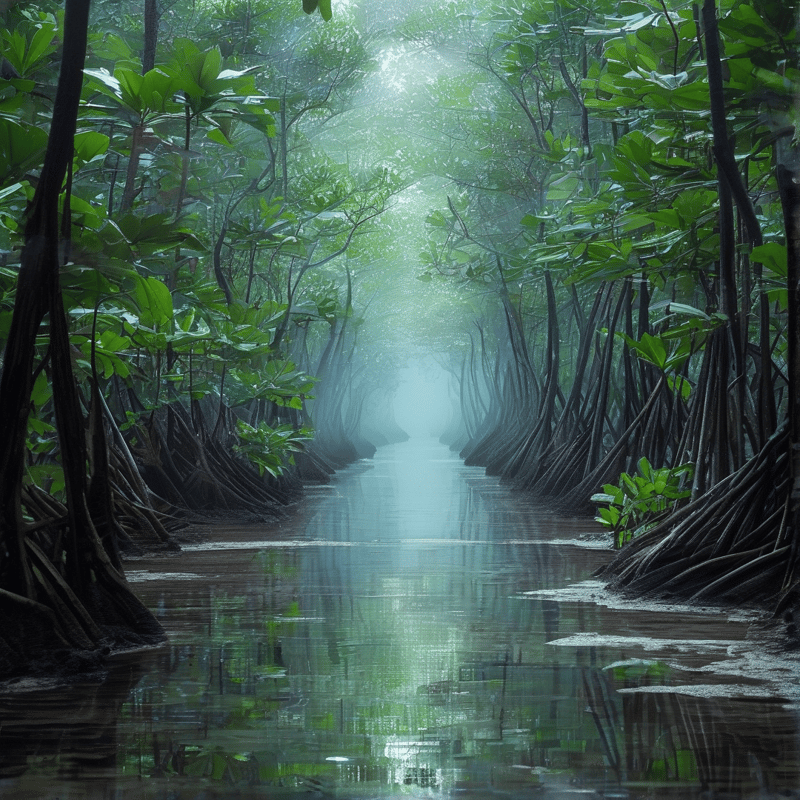 Denser mangrove groves line a narrow shallow waterway where soft diffused light cuts through morning haze illuminating the mirrored wet surface.