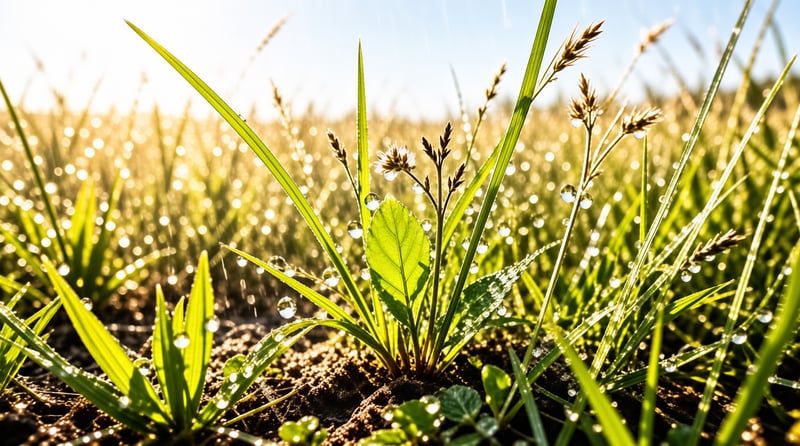 Rain beads cling to slender green blades and seed heads while morning light flares through a shimmering bokeh field