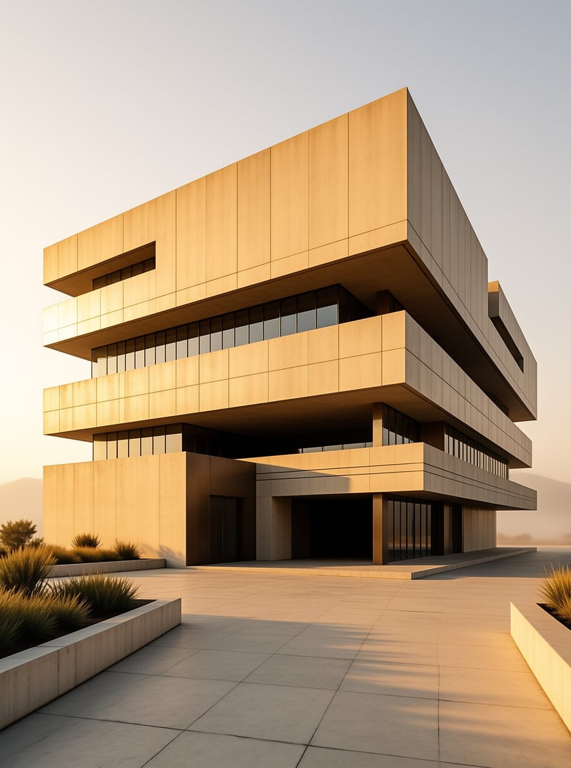 A minimalist building of cantilevered beige panels lit by low sun above an empty stone plaza.