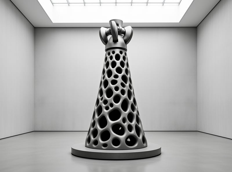 A metallic cone with bubble holes sits on a base in a white room with a skylight above.