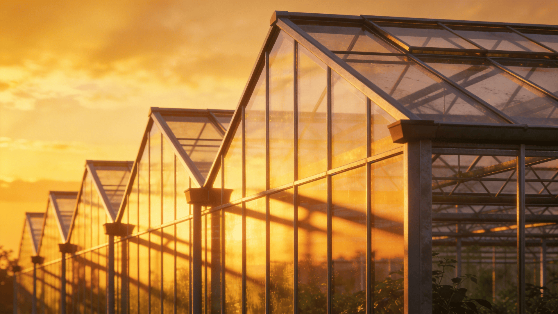 Greenhouse with Glass Curtain Wall — Golden Sunset