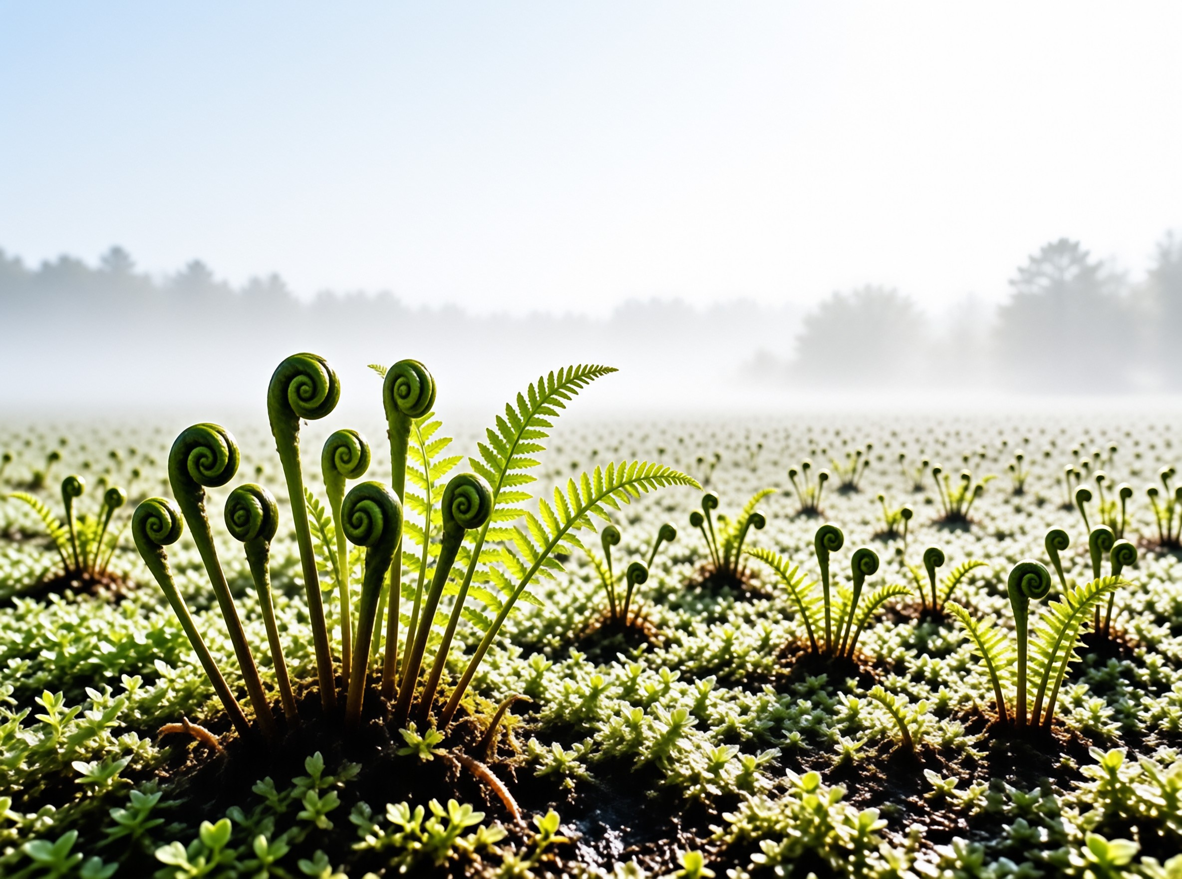 Misty Fern Field at Dawn