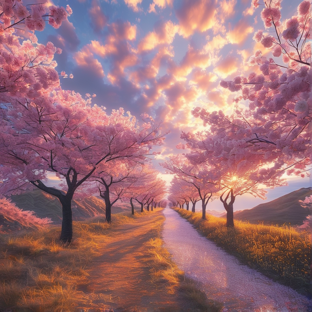 Cherry Blossom Path at Sunset