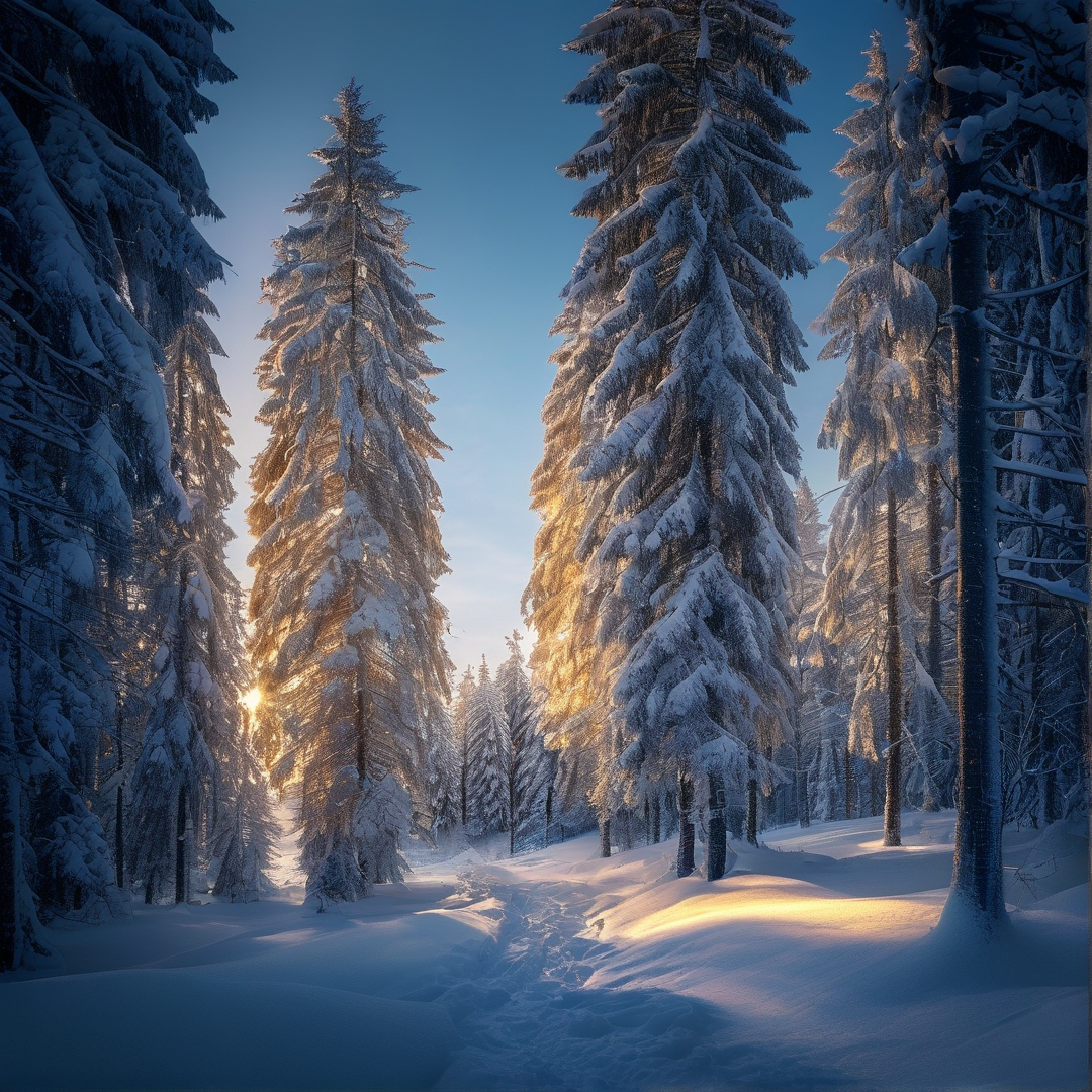 Sunlit Snowy Forest