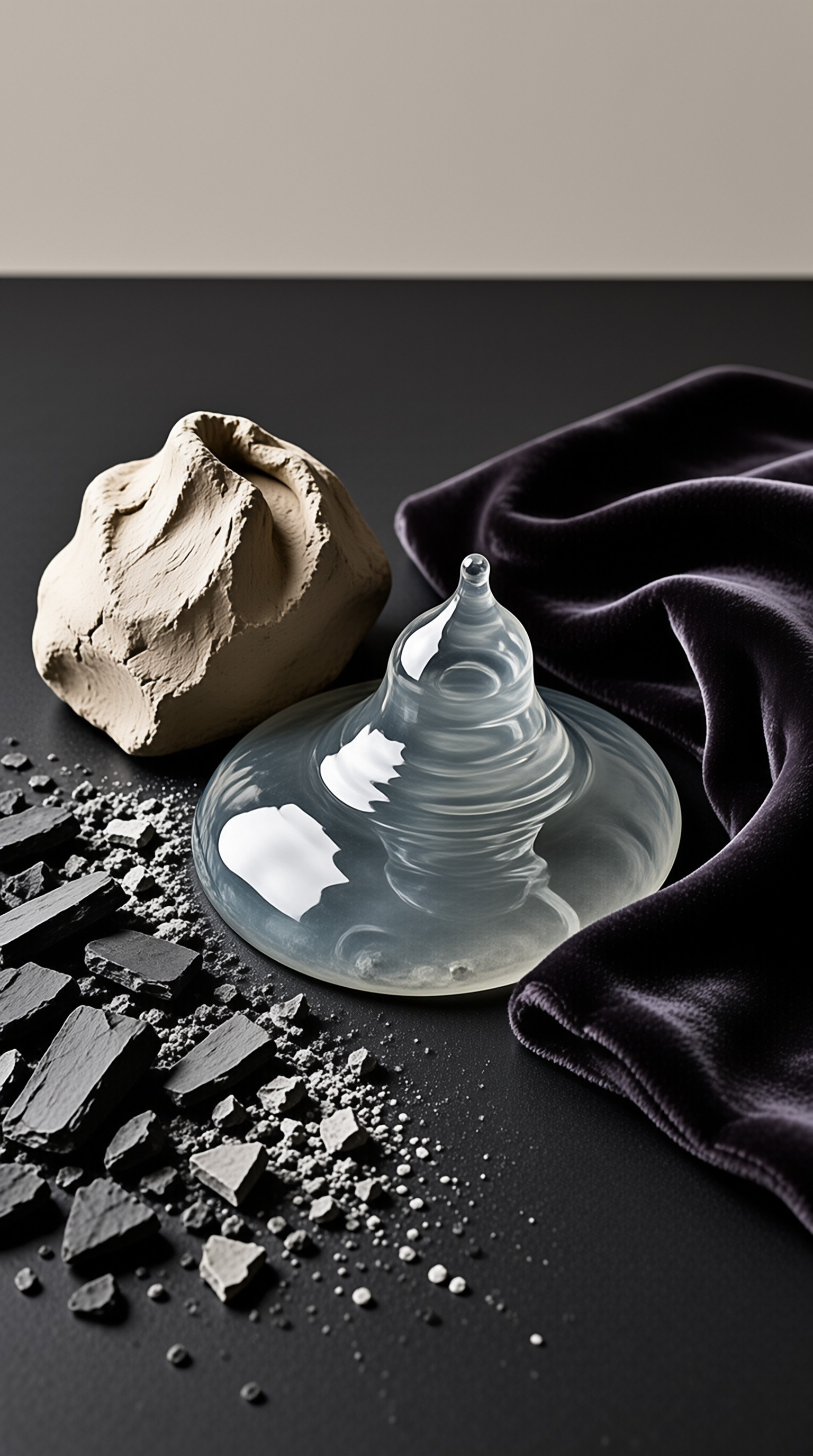 A lump of pale clay and a smooth glass droplet sit among slate shards and folds of deep purple velvet