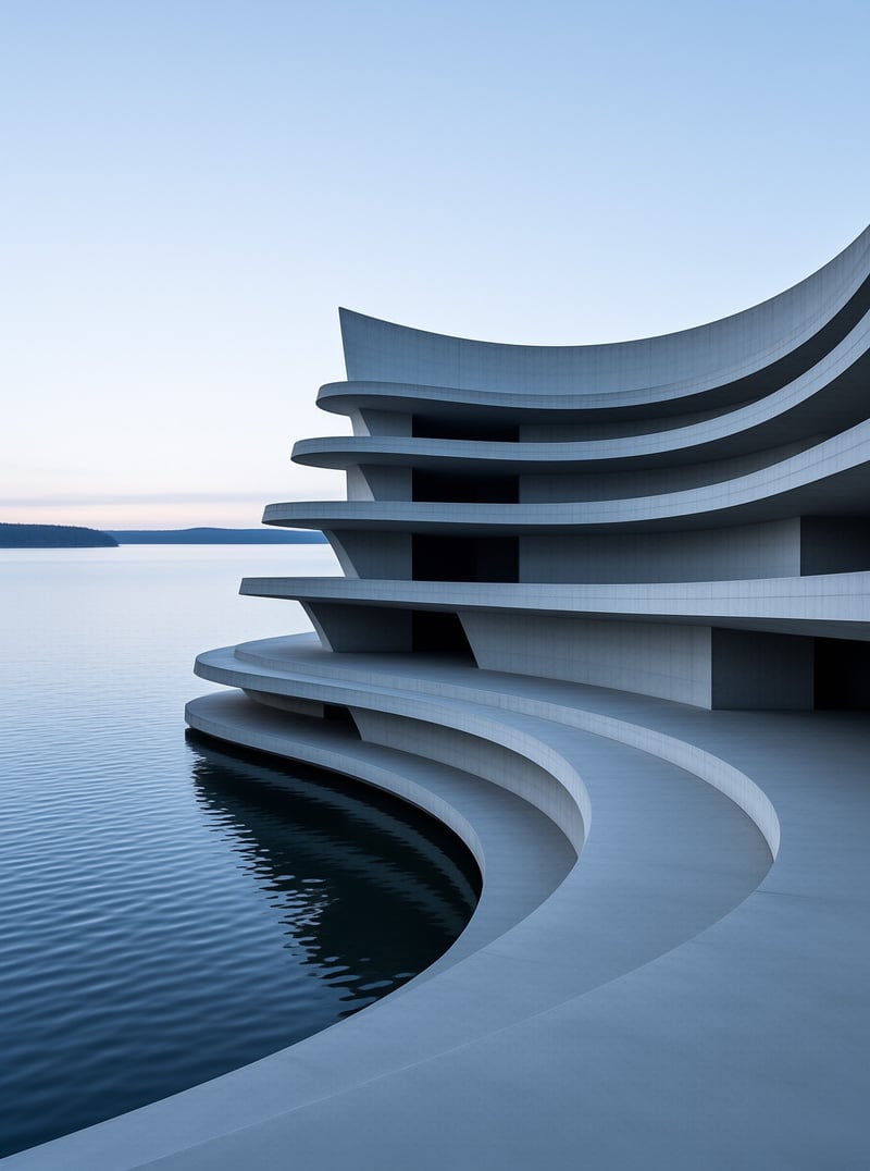 A modern curved concrete structure extends into a calm lake under the soft light of early morning.