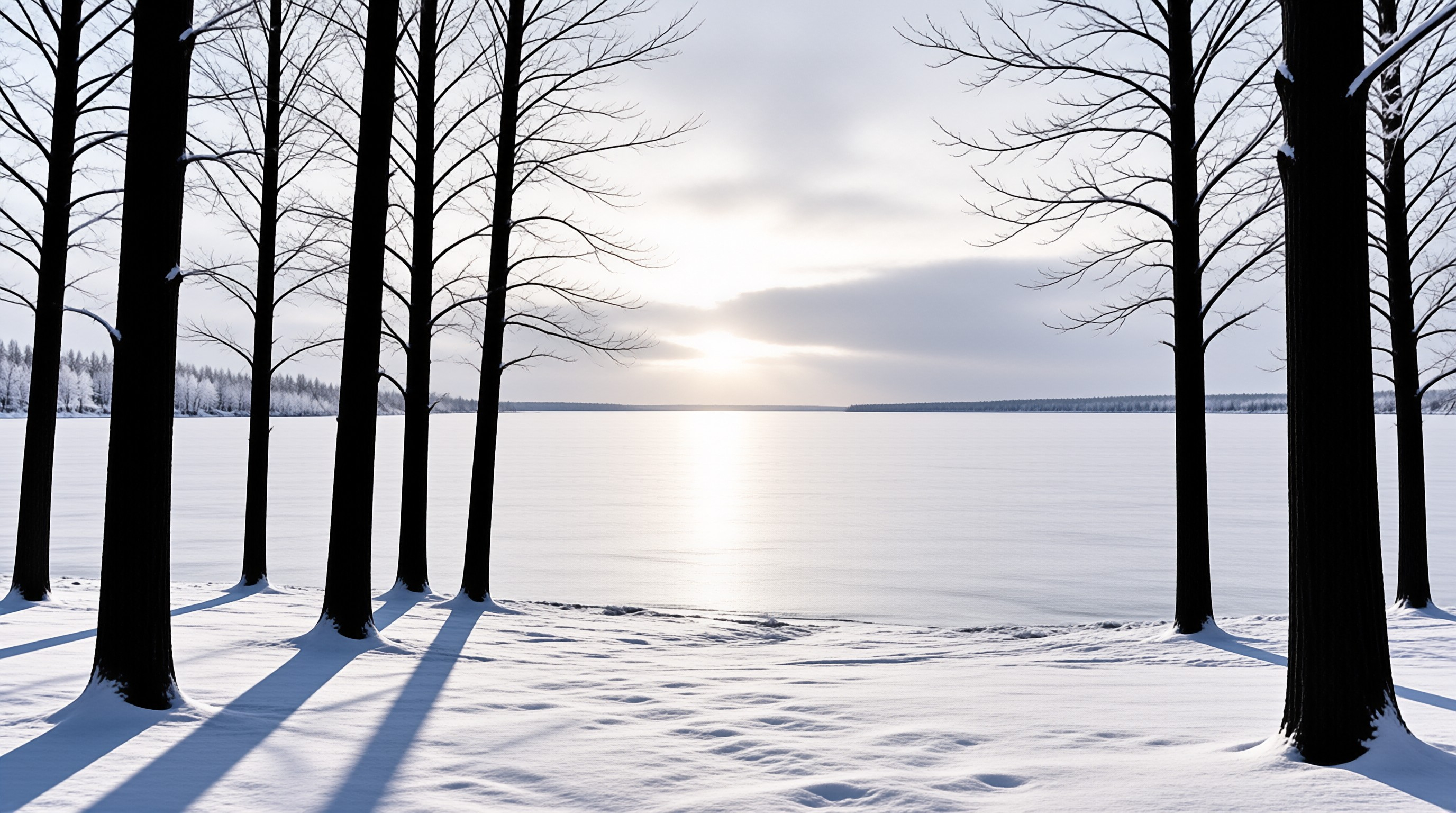 Tall dark trees stand in the foreground while a bright sun reflects off a vast frozen lake surface in the distance.