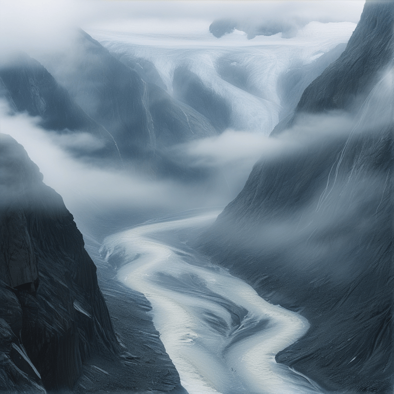 A massive ice river snakes between steep dark cliffs while low clouds obscure the upper peaks.
