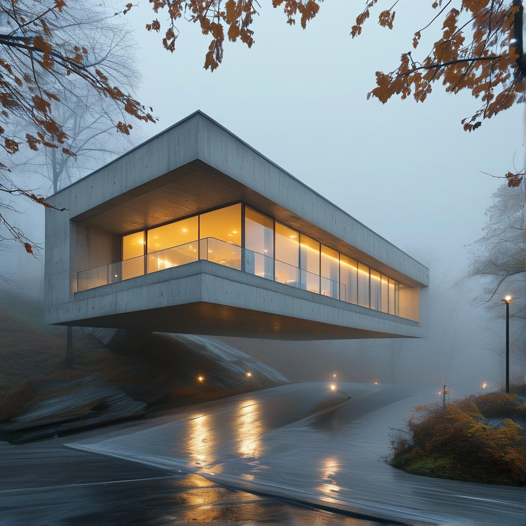 Warm interior lights shine from a floating concrete house above a misty wet road lined with trees.