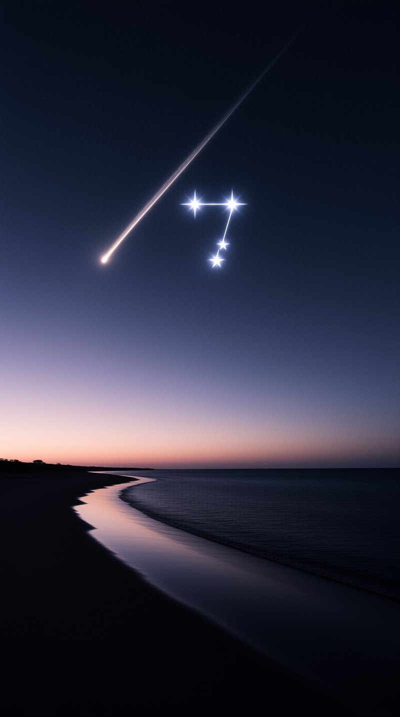 A bright meteor streaks across the deep blue night sky above a calm ocean shoreline during twilight.