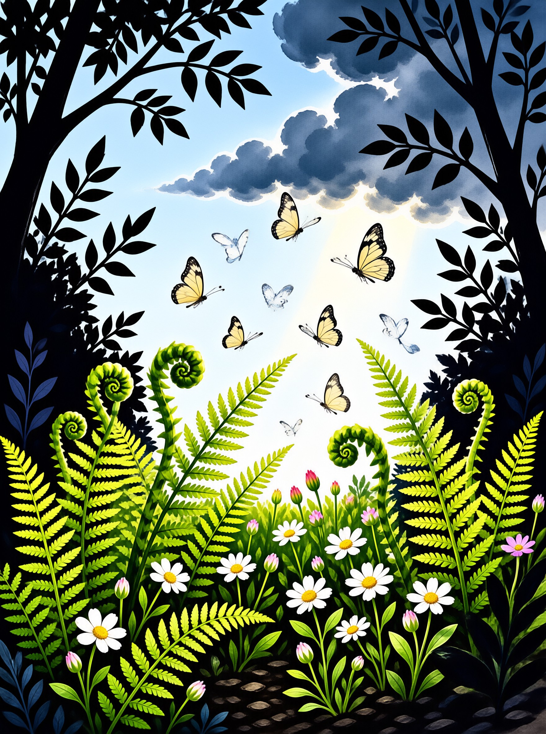 Butterflies ascend towards sunlight filtering through clouds above a lush garden of ferns and daisies framed by trees.
