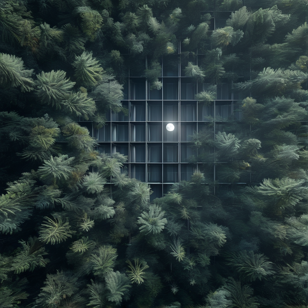 An empty concrete window grid is swallowed by dense green treetops with one glowing light inside.