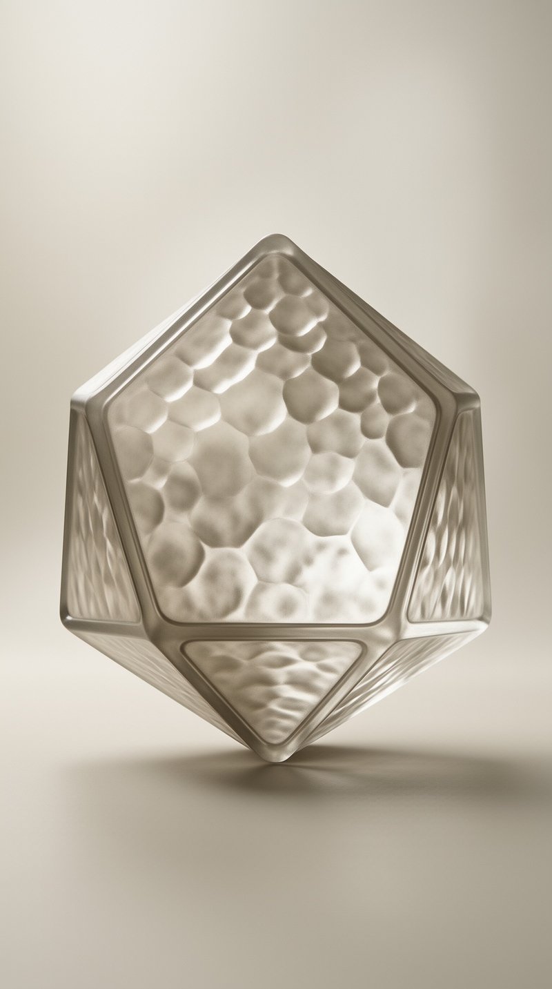 A frosted polyhedron with a pebbled texture is centered against a smooth neutral background.