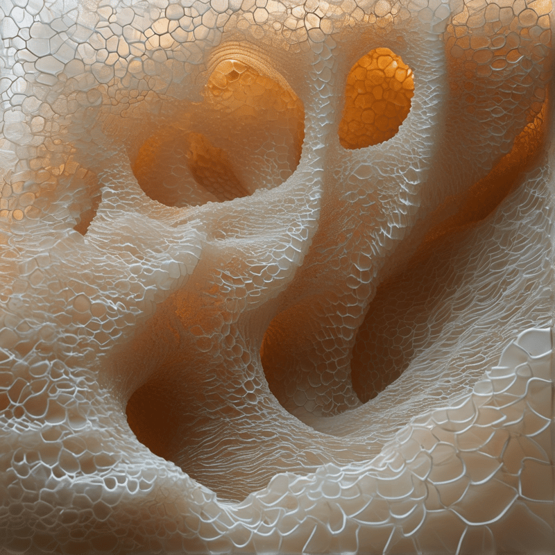 A delicate white lattice of bubble-like cells stretches across glowing amber cavities in an organic abstract texture.