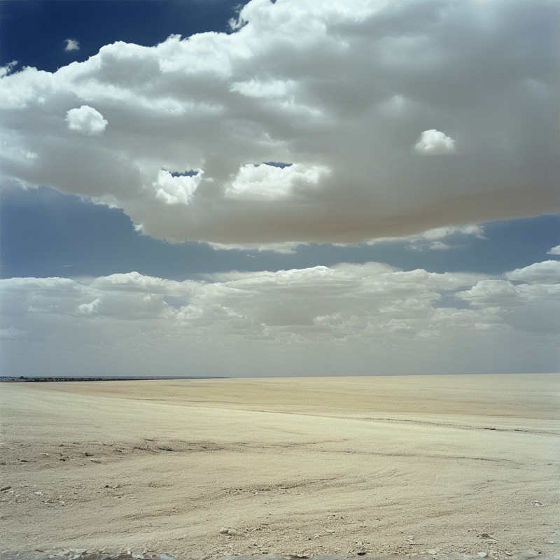 Expansive beige terrain extends to the horizon under a sky dominated by massive fluffy white clouds and deep blue patches.