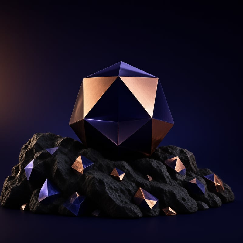 A large blue and copper geometric polyhedron rests on rough black rocks surrounded by smaller metallic fragments.