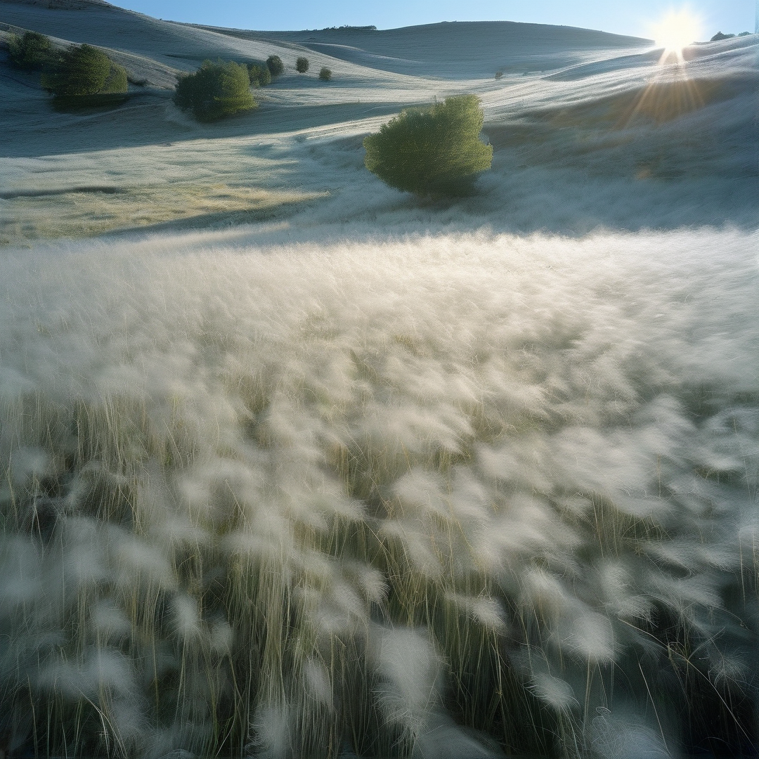 White grass fills the foreground while scattered trees dot rolling hills under a bright sun flare in the upper right sky.