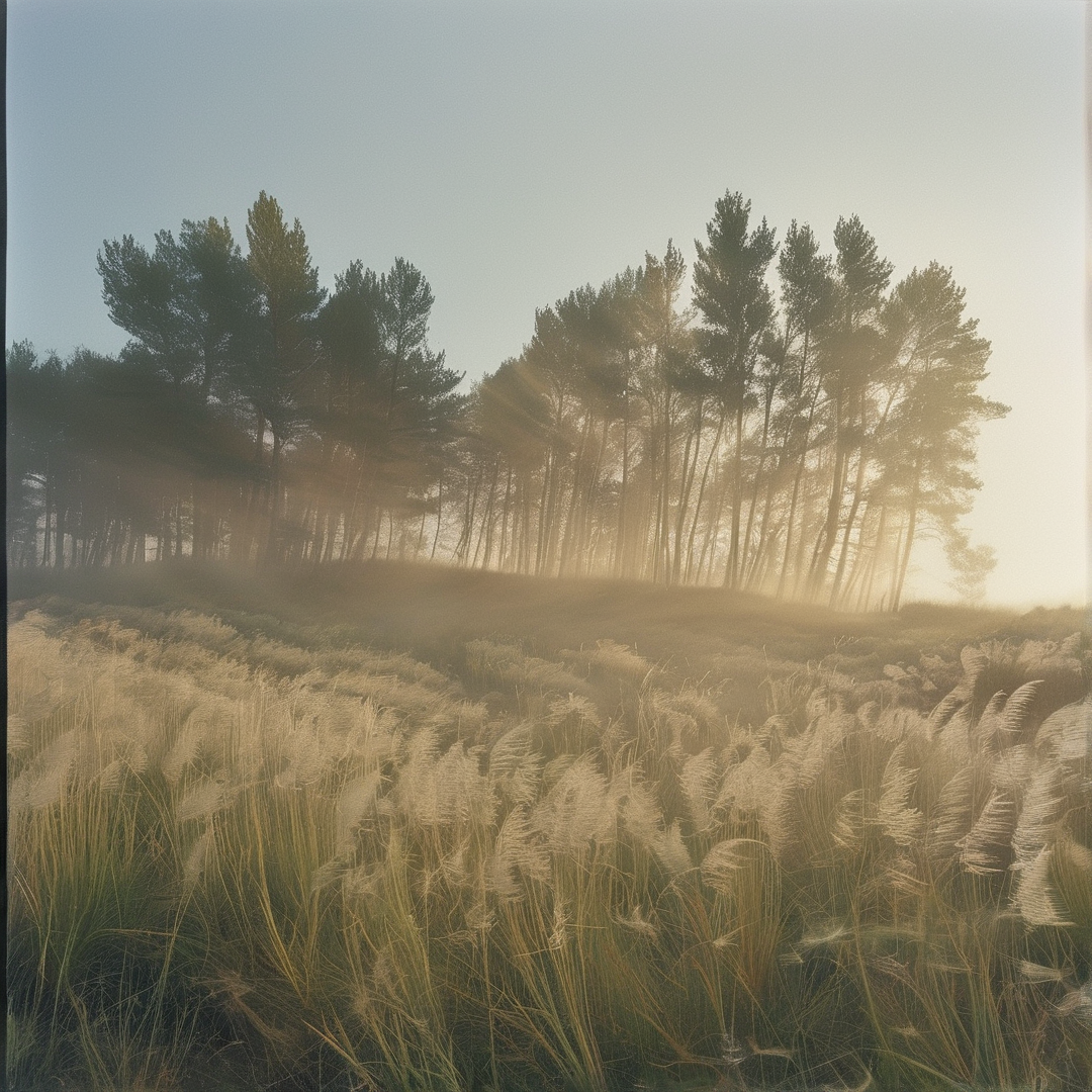 Tall golden grasses fill the foreground while dark trees emerge from rising fog illuminated by bright sunbeams streaming from the right.