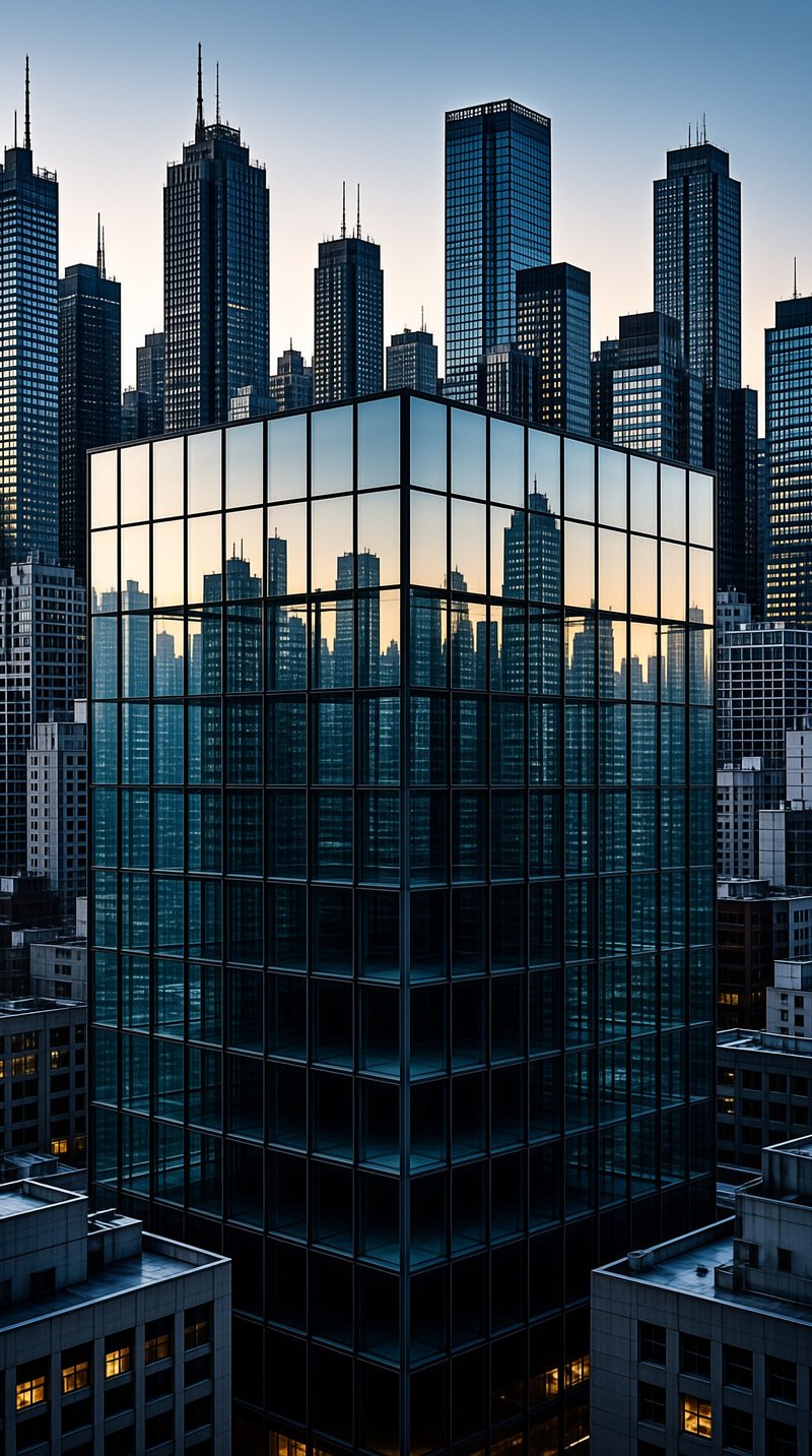 A tall glass building in the foreground reflects the silhouettes of surrounding skyscrapers against a twilight sky.