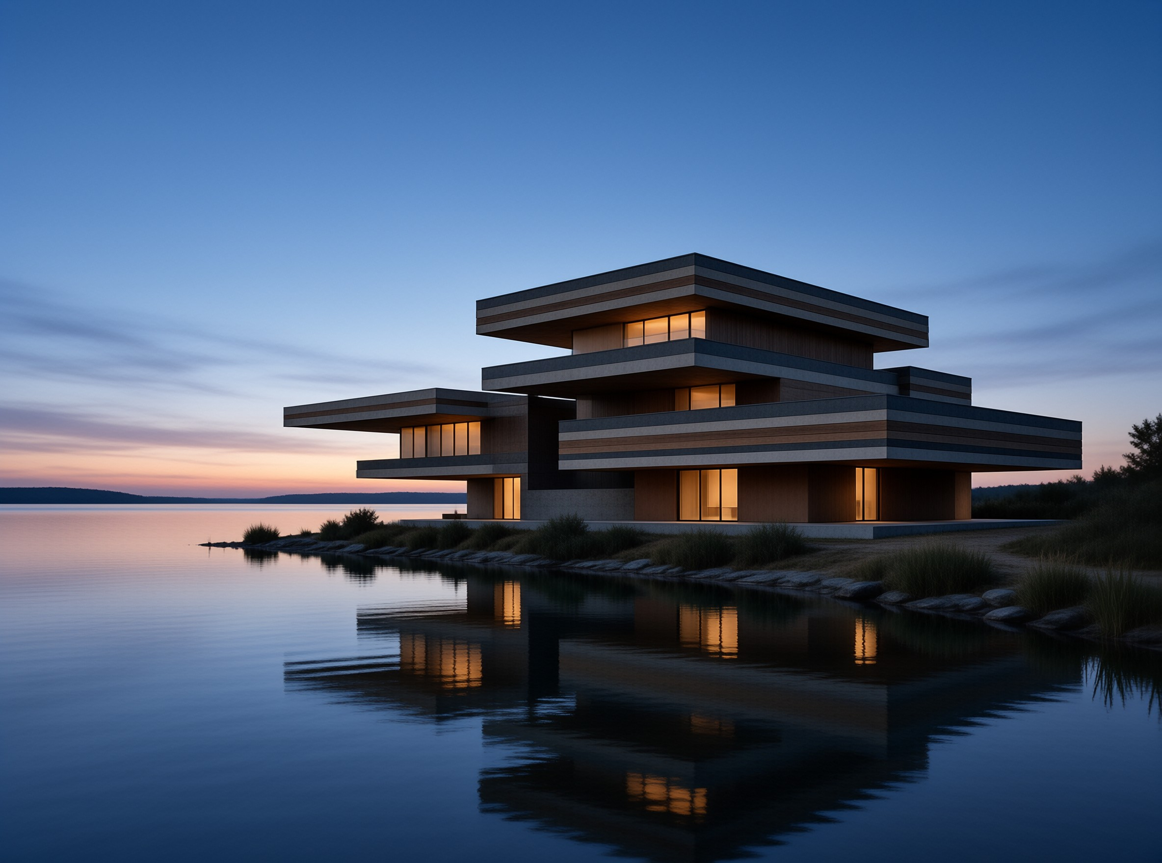 A contemporary multi-story residence sits on a grassy shore at twilight, its warm windows reflecting in the calm blue water.