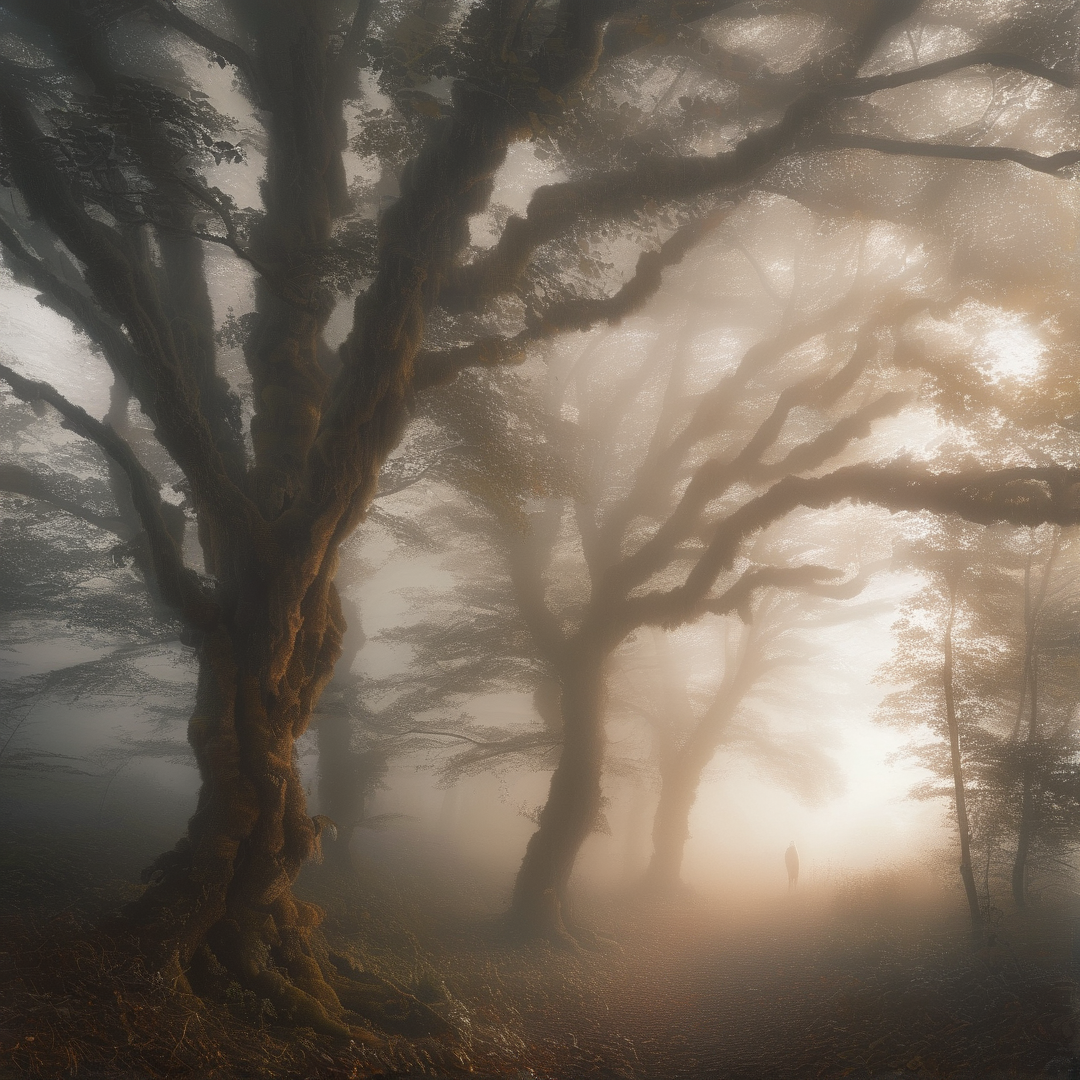 Sunlight filters through thick fog across gnarled moss-covered ancient oaks while a tiny lone figure stands in the far glade