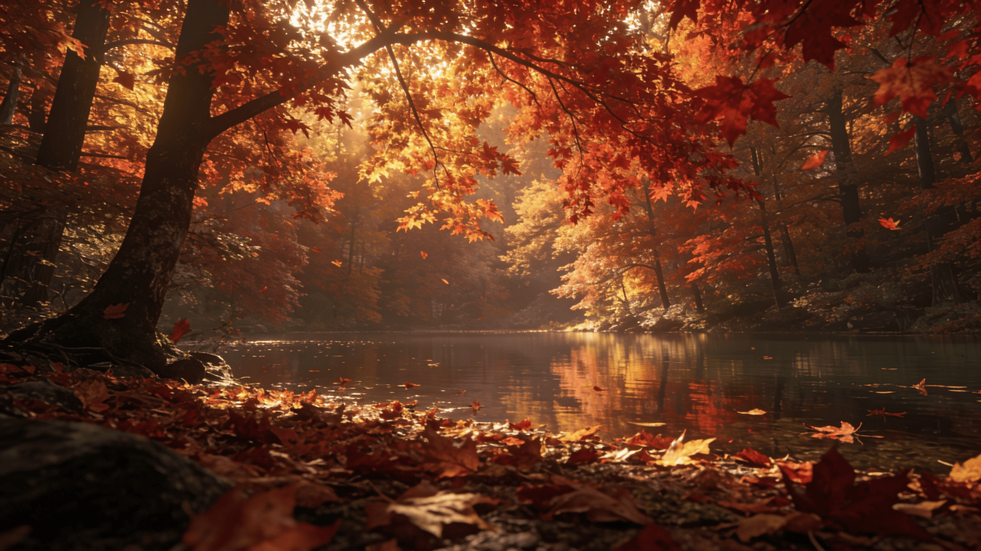 Red Maple Canopy Over a Calm Lake