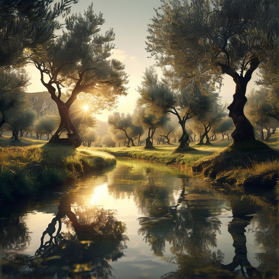 A tranquil grove of twisted olive trees stands on a grassy bank beside a reflective stream during golden hour.