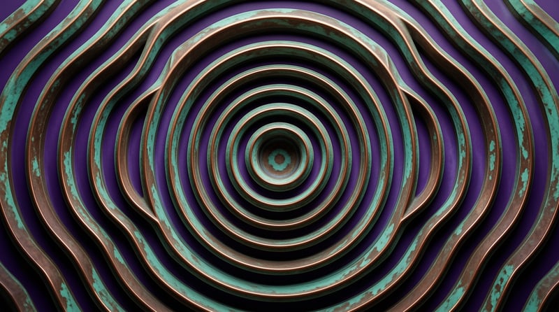 Concentric waves of weathered copper and verdigris spiral inward against a deep purple backdrop like a metal maze