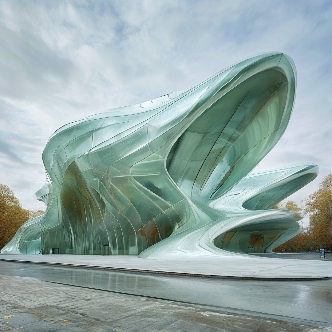 Translucent teal building with organic curves stands on a paved plaza surrounded by yellow trees under an overcast sky.
