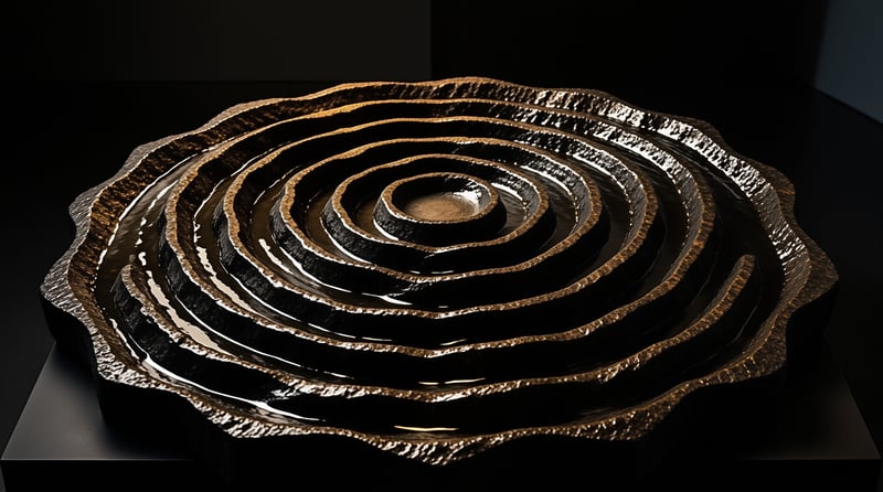 A spiral structure with layered rings sits on a black surface, showing reflective interiors and rough metallic edges.