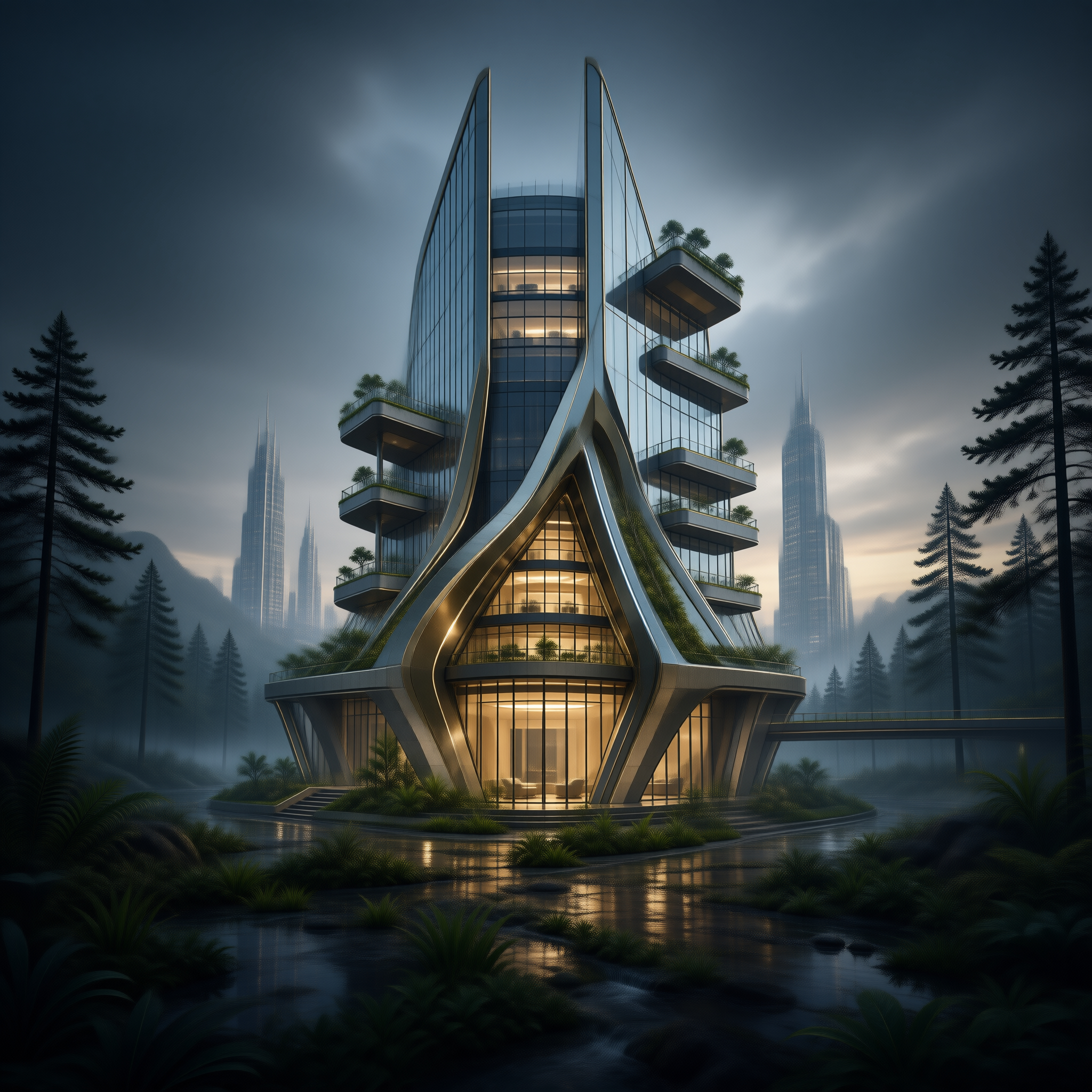 Organic Glass Tower in Misty Forest