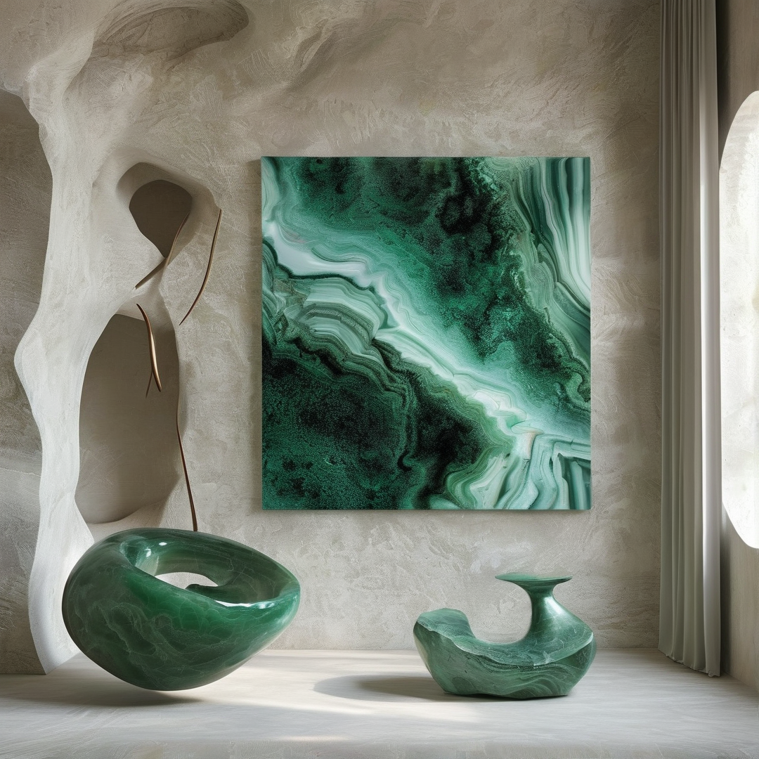 Green abstract artwork hangs above organic sculptures on a beige floor inside a sunlit textured room.