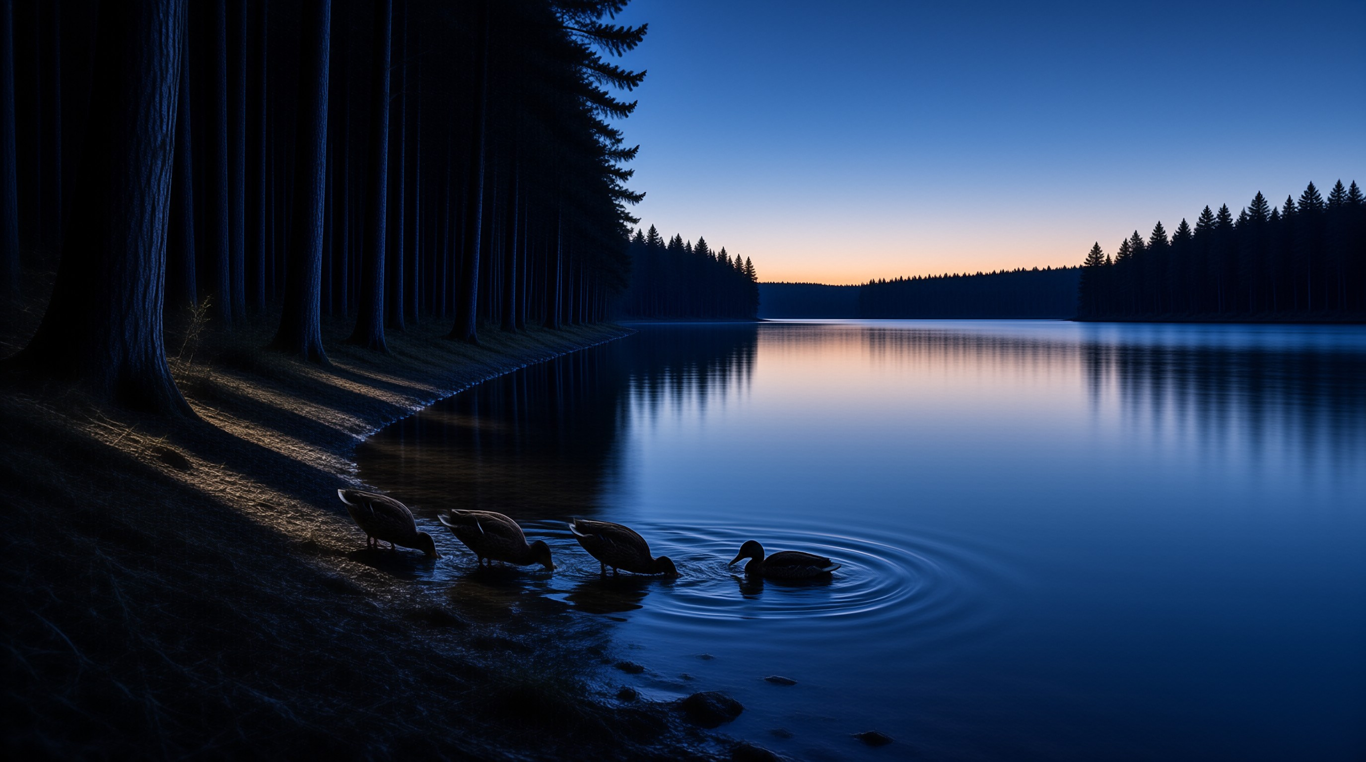 Four ducks drift on the tranquil surface of a forest lake while the sky glows with the last light of sunset.