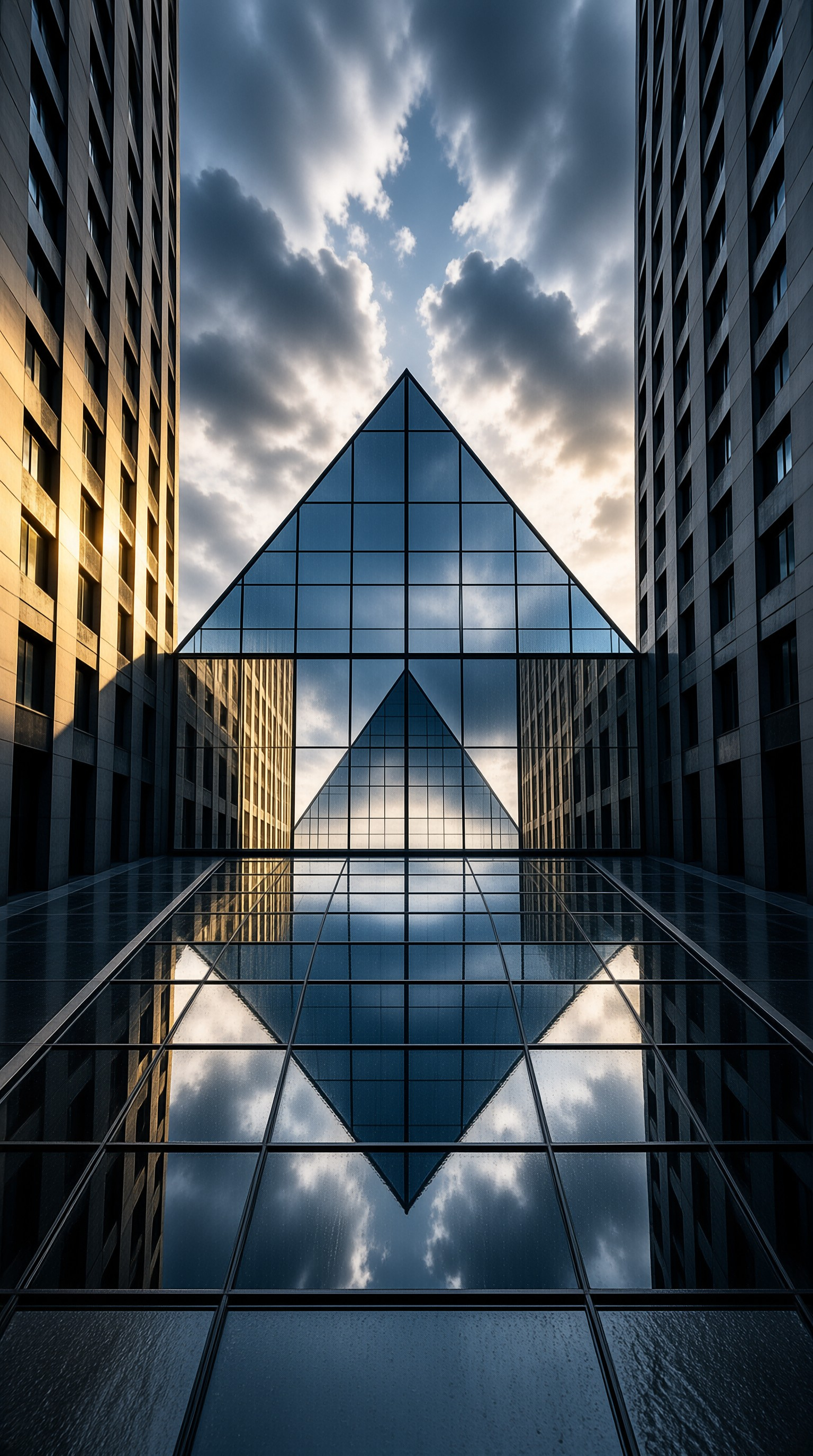 A central triangular glass structure stands between two skyscrapers under a dramatic cloudy sky.