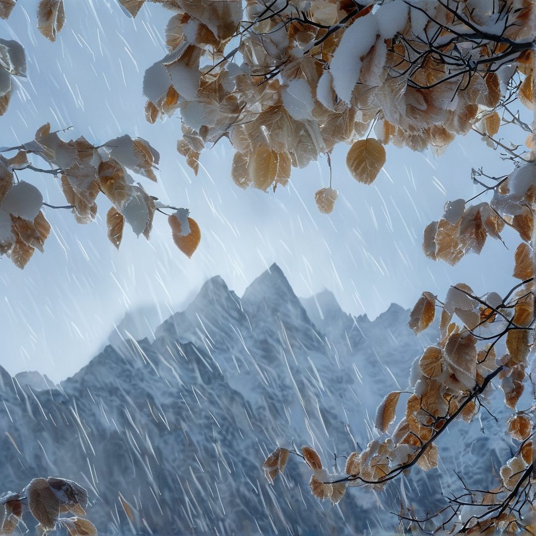 Frosted brown leaves on dark twigs form a natural border around a steep white mountain during heavy snowfall.