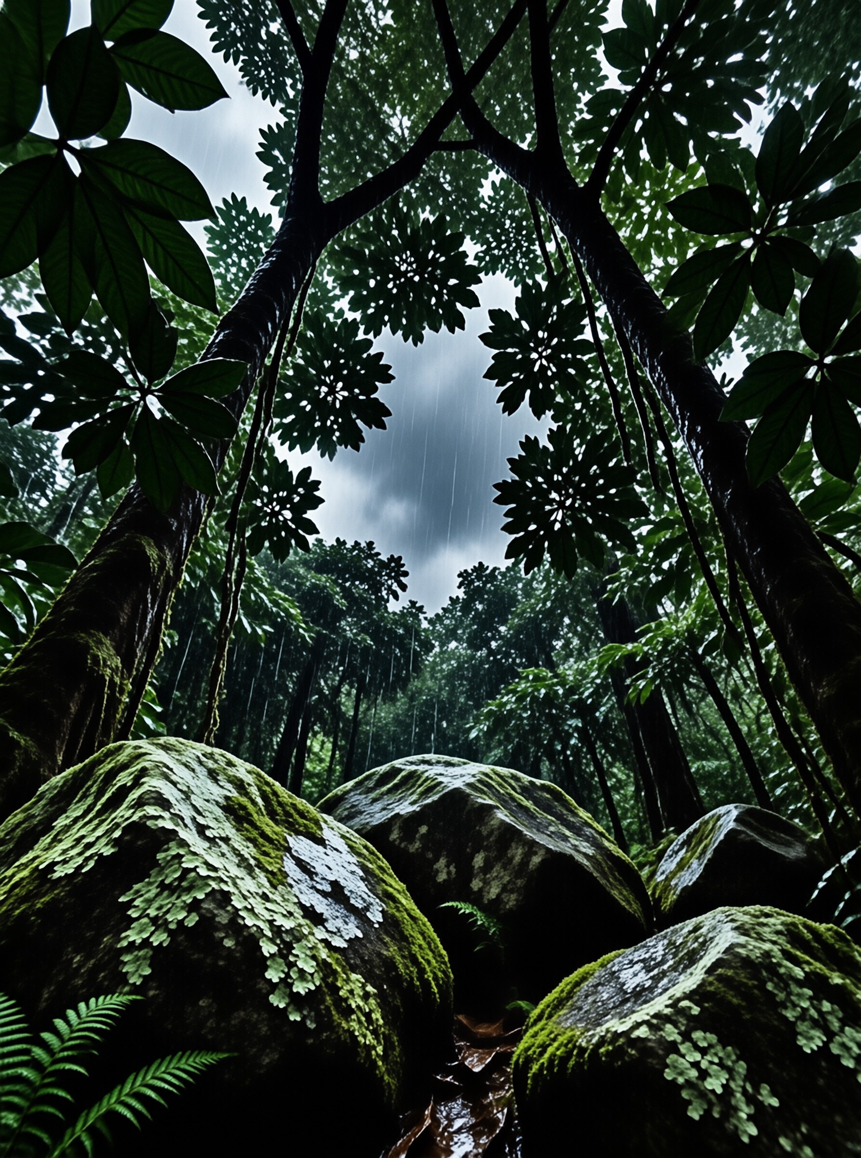 Viewed from below, tall trees frame the sky while rain falls onto large mossy rocks in a lush green forest.