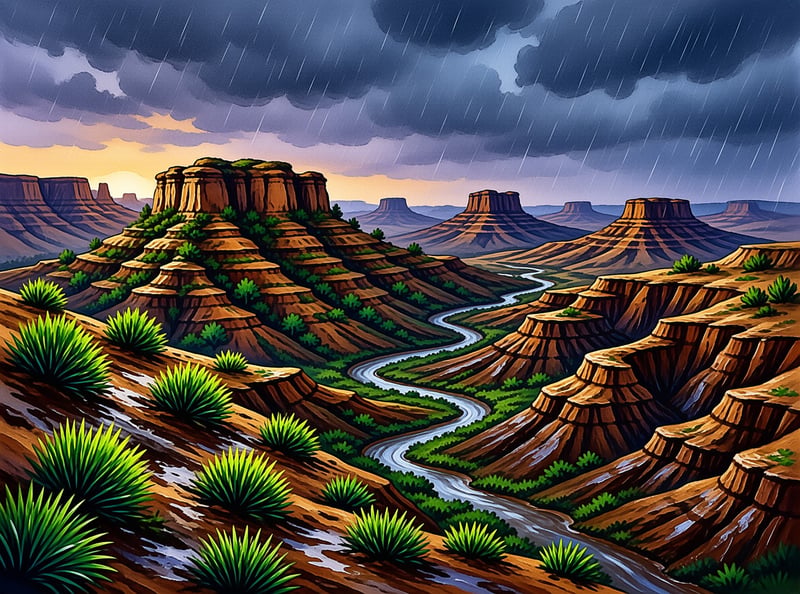 Layered sandstone mesas line a winding river in a desert canyon as rain falls from dark clouds with warm sunset light.