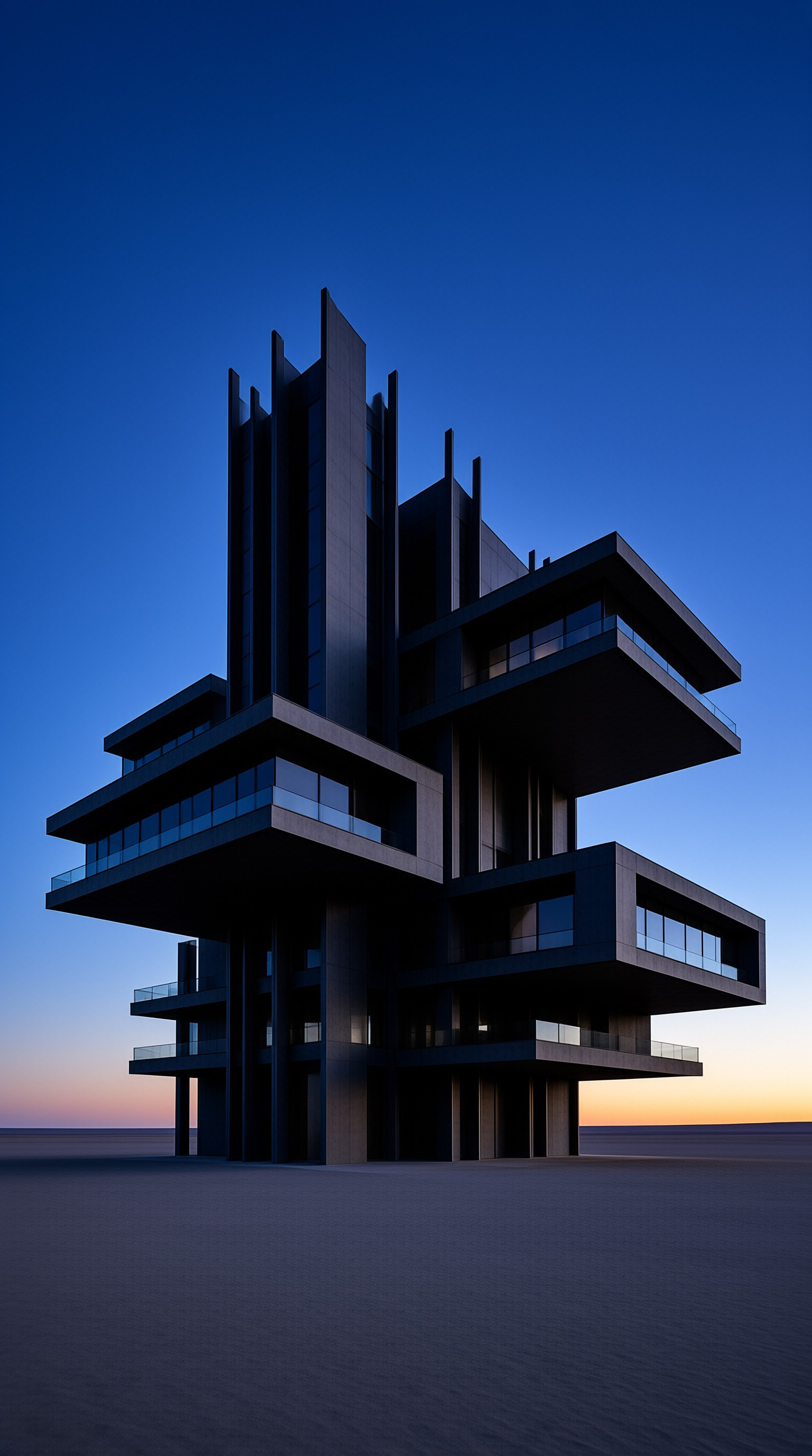 A dark geometric building stands isolated on a vast flat plain under a deep blue twilight sky with an orange horizon.