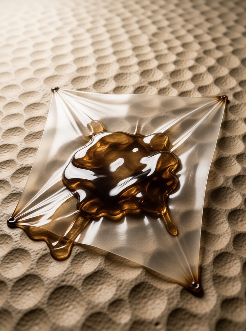 A glossy amber puddle spreads across a taut transparent sheet pinned over a dimpled tan surface.