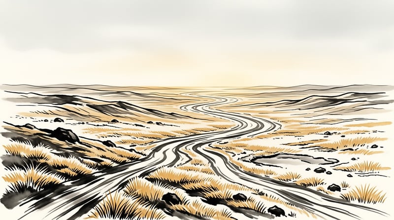 An ink brush illustration of a rutted trail snaking across dry golden grasses toward low hills under a pale sky.