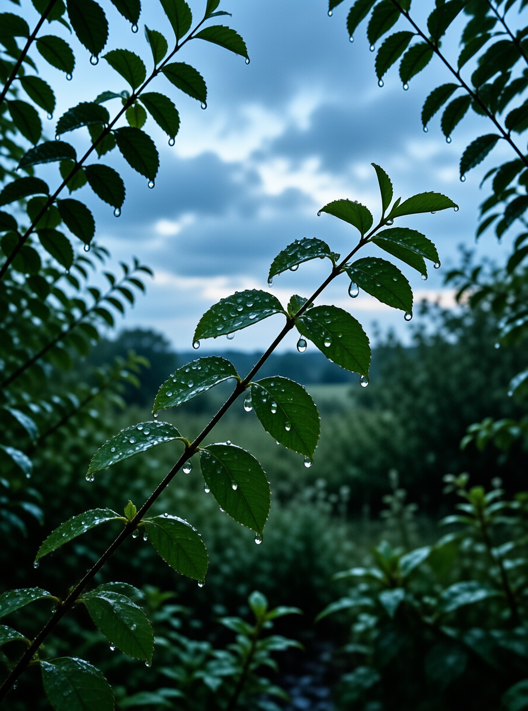 A tree branch covered in water droplets hangs against a backdrop of blurry blue sky and dark clouds.